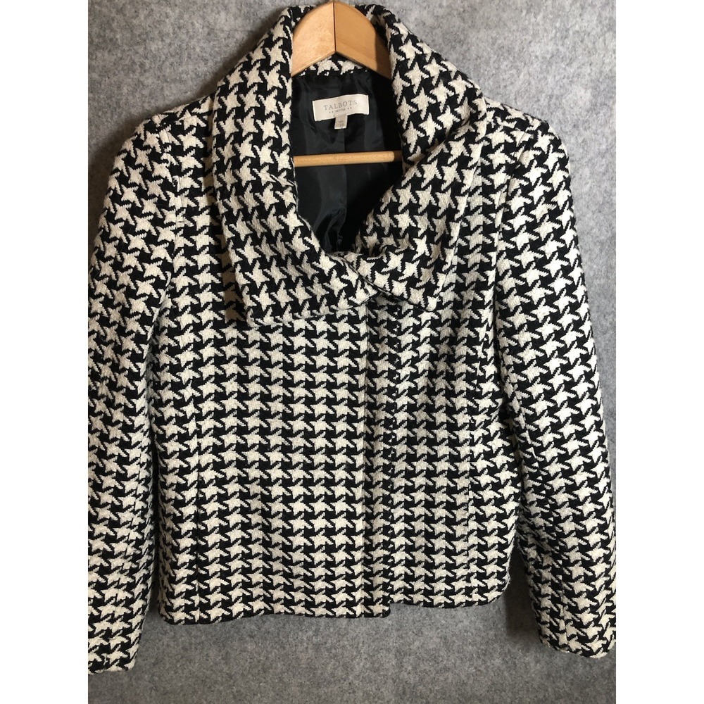 Talbots Blazer Womens 10P Black Houndstooth Wool Blend Full Zip Career Classic